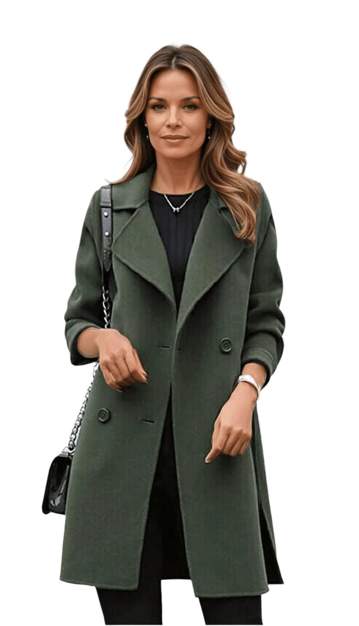 Elegant women's double breasted longline winter coat, a classic and warm outerwear fashion piece.