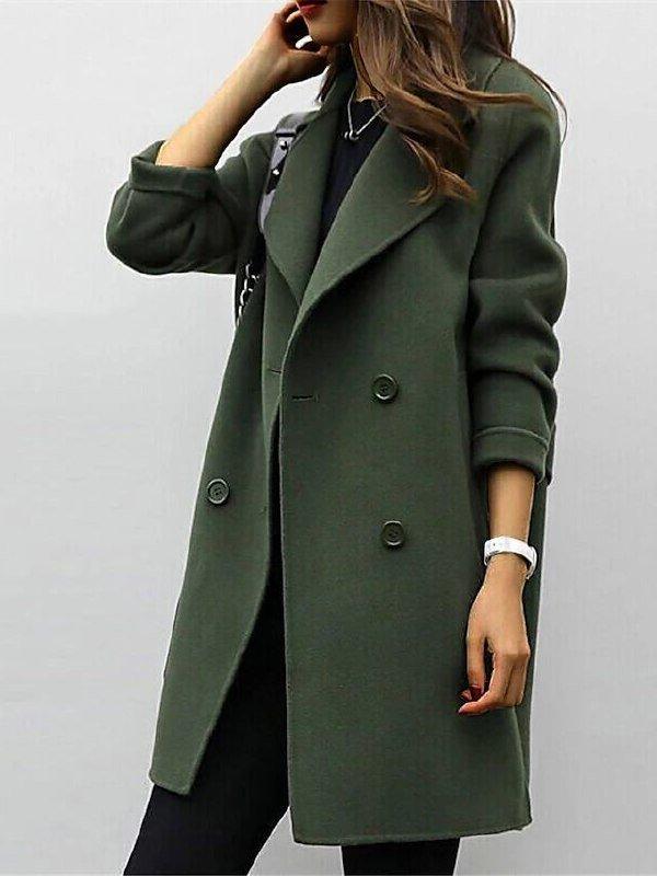 Women's double breasted longline winter coat in a rich color, offering elegant and warm style.
