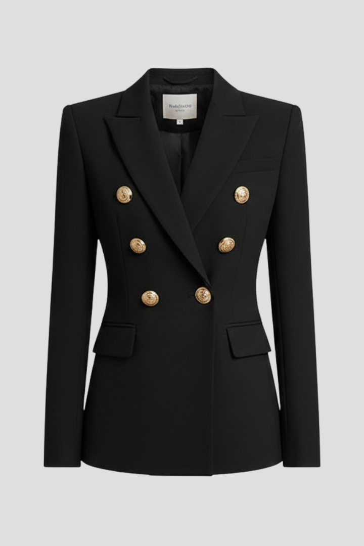 Elegant women's double-breasted navy blazer with prominent gold buttons, tailored fit
