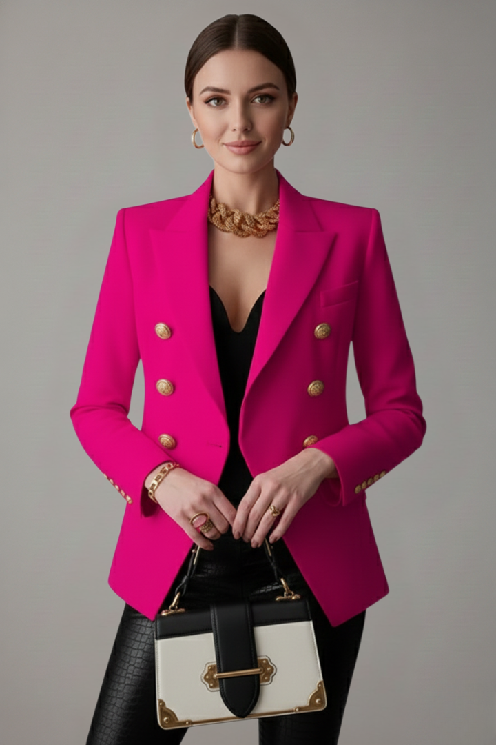 Women's workwear double-breasted blazer in grey with striking gold buttons, a chic jacket