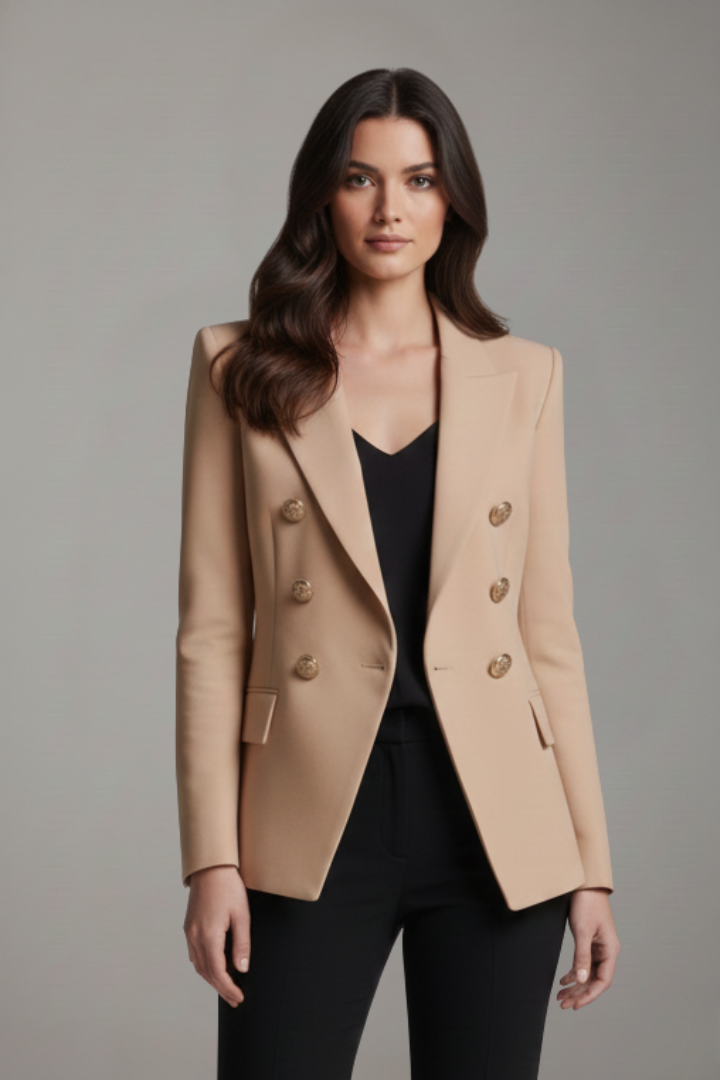 Fashionable women's double-breasted blazer in a vibrant blue with elegant gold buttons, tailored apparel