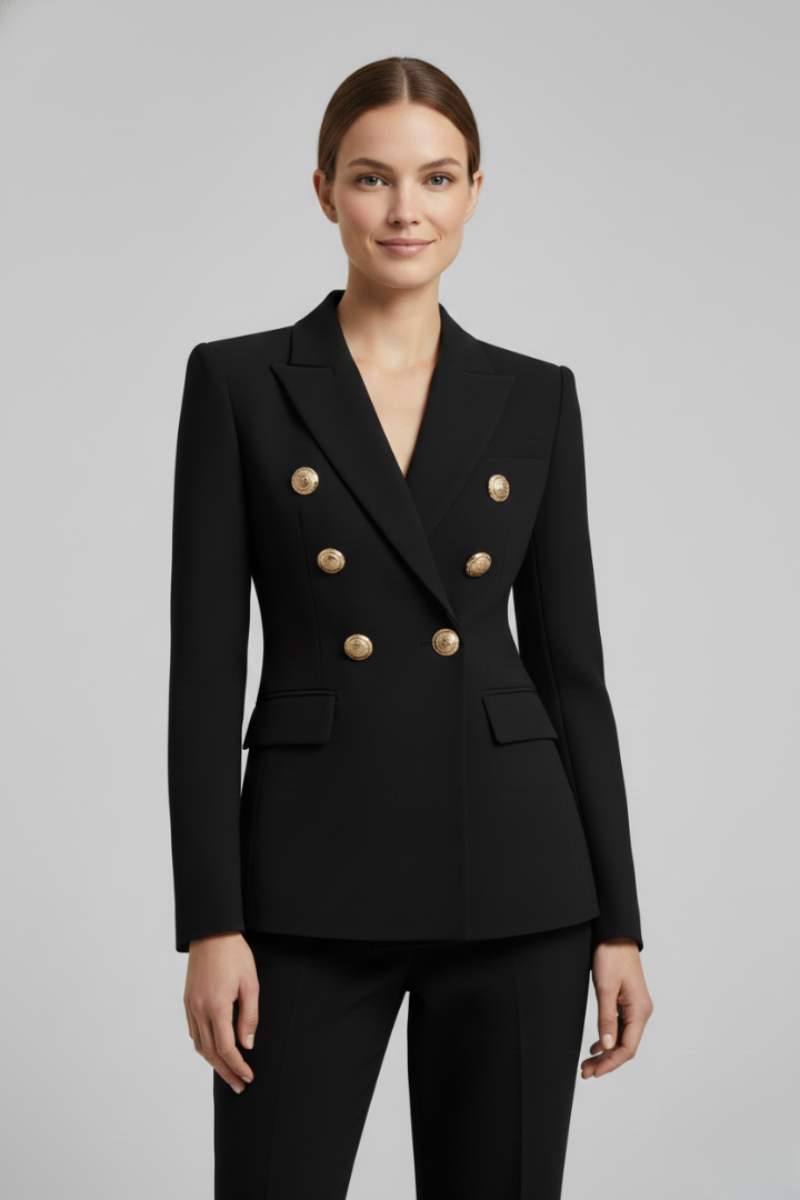 Chic women's double-breasted black blazer featuring gold button detailing, ideal for workwear