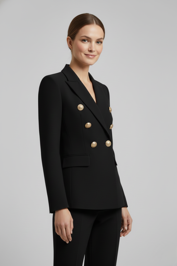 Stylish white double-breasted blazer for women, adorned with round gold buttons, formal attire
