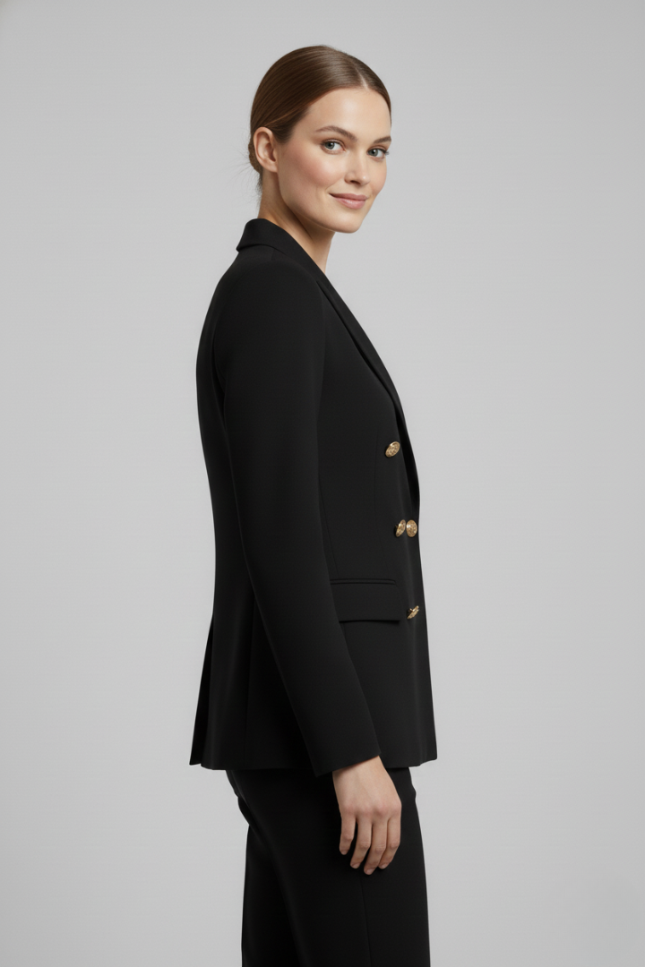 Front view of a women's tailored double-breasted blazer in red with polished gold buttons