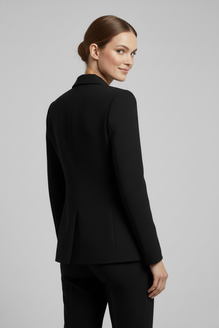 Close-up of gold buttons on a sophisticated women's double-breasted blazer, high-quality detail