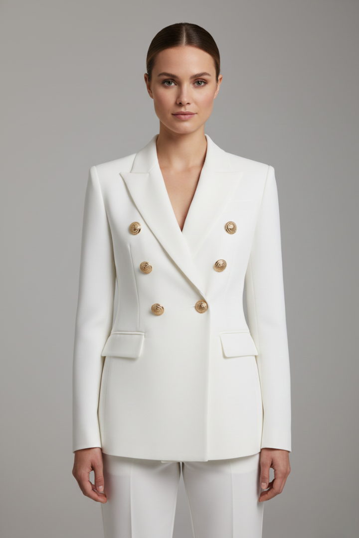 Professional women's double-breasted blazer in a classic beige, showcasing shiny gold buttons