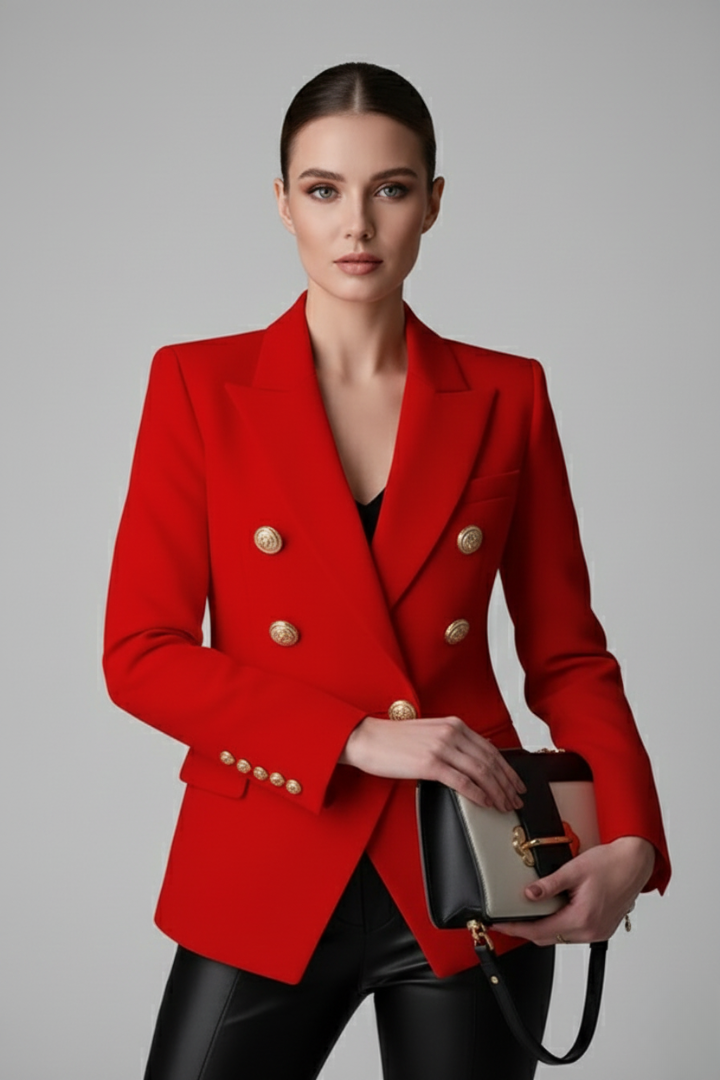 Side profile of a women's fitted double-breasted blazer with decorative gold buttons, business casual