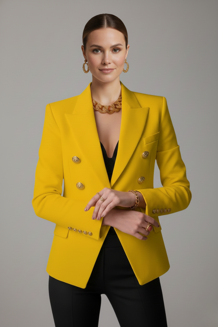 Luxurious green women's double-breasted blazer paired with gold buttons, perfect for formal wear