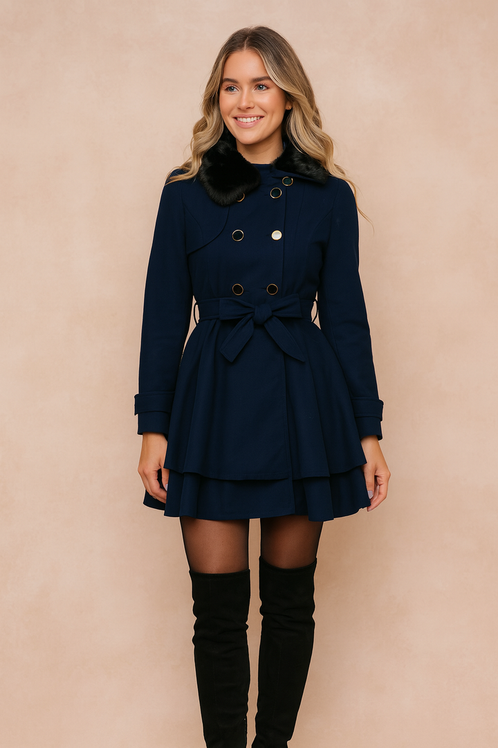 Elegant women's double-breasted short coat with belt. Chic fall/winter jacket, classic style outerwear.