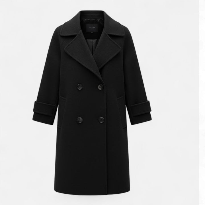 Elegant women's double-breasted slim fit overcoat. Classic long jacket for sophisticated winter fashion.