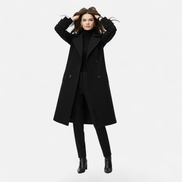 Sophisticated women's double-breasted overcoat. Slim fit long jacket, elegant winter outerwear for classic fashion.