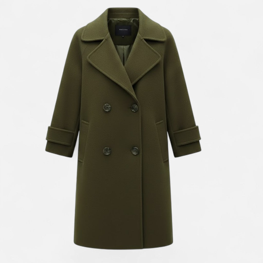 Women's elegant long jacket overcoat. Double-breasted & slim fit for a sophisticated look. Chic winter outerwear.