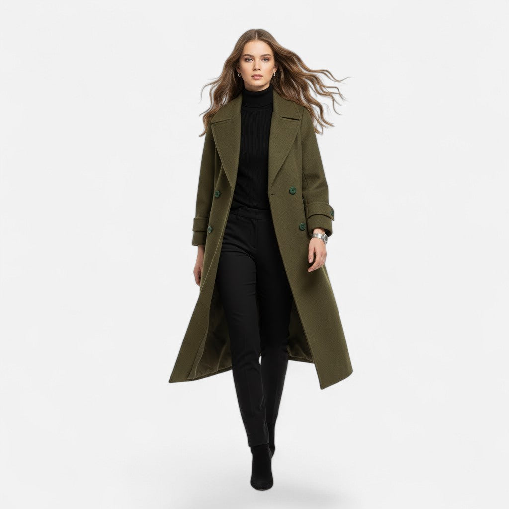Stylish women's double-breasted overcoat, slim fit. Elegant long jacket for classic winter fashion & outerwear.