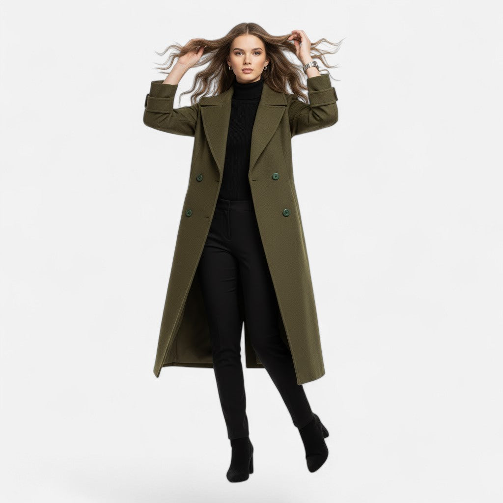 Elegant women's long overcoat. Double-breasted slim fit jacket, sophisticated outerwear for chic winter style.