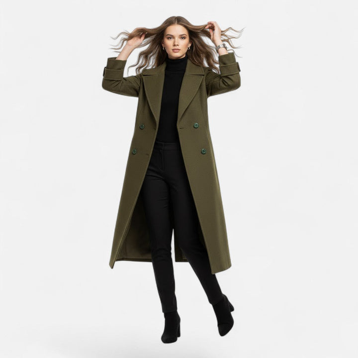 Elegant women's long overcoat. Double-breasted slim fit jacket, sophisticated outerwear for chic winter style.