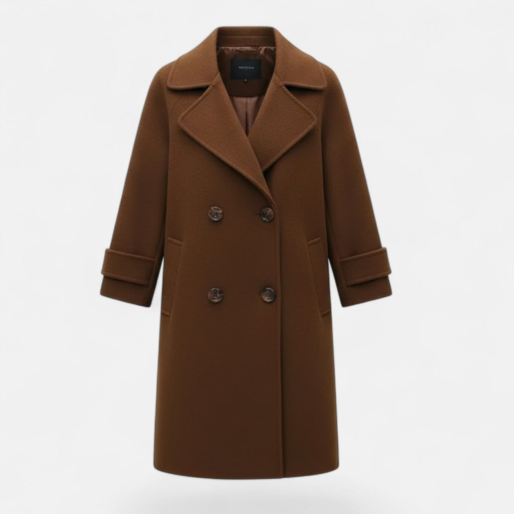 Classic women's double-breasted overcoat. Slim fit long jacket for elegant winter fashion & sophisticated outerwear.