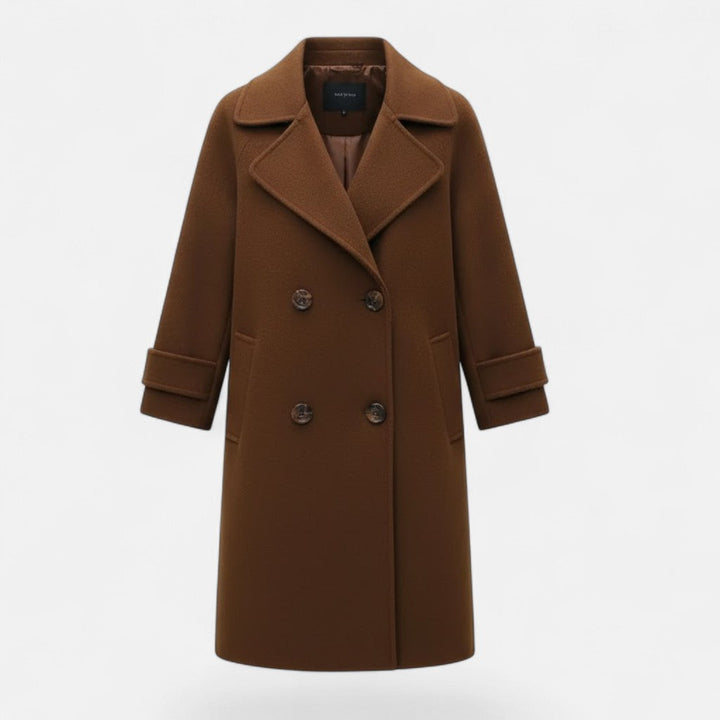 Classic women's double-breasted overcoat. Slim fit long jacket for elegant winter fashion & sophisticated outerwear.