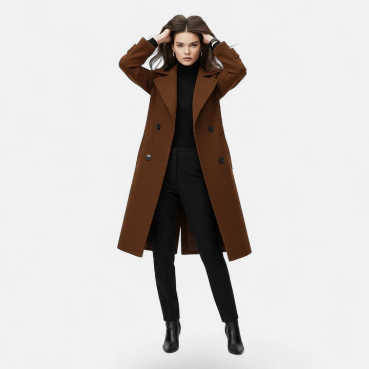 Chic women's double-breasted overcoat, slim fit. Elegant long jacket, perfect for sophisticated winter outerwear.