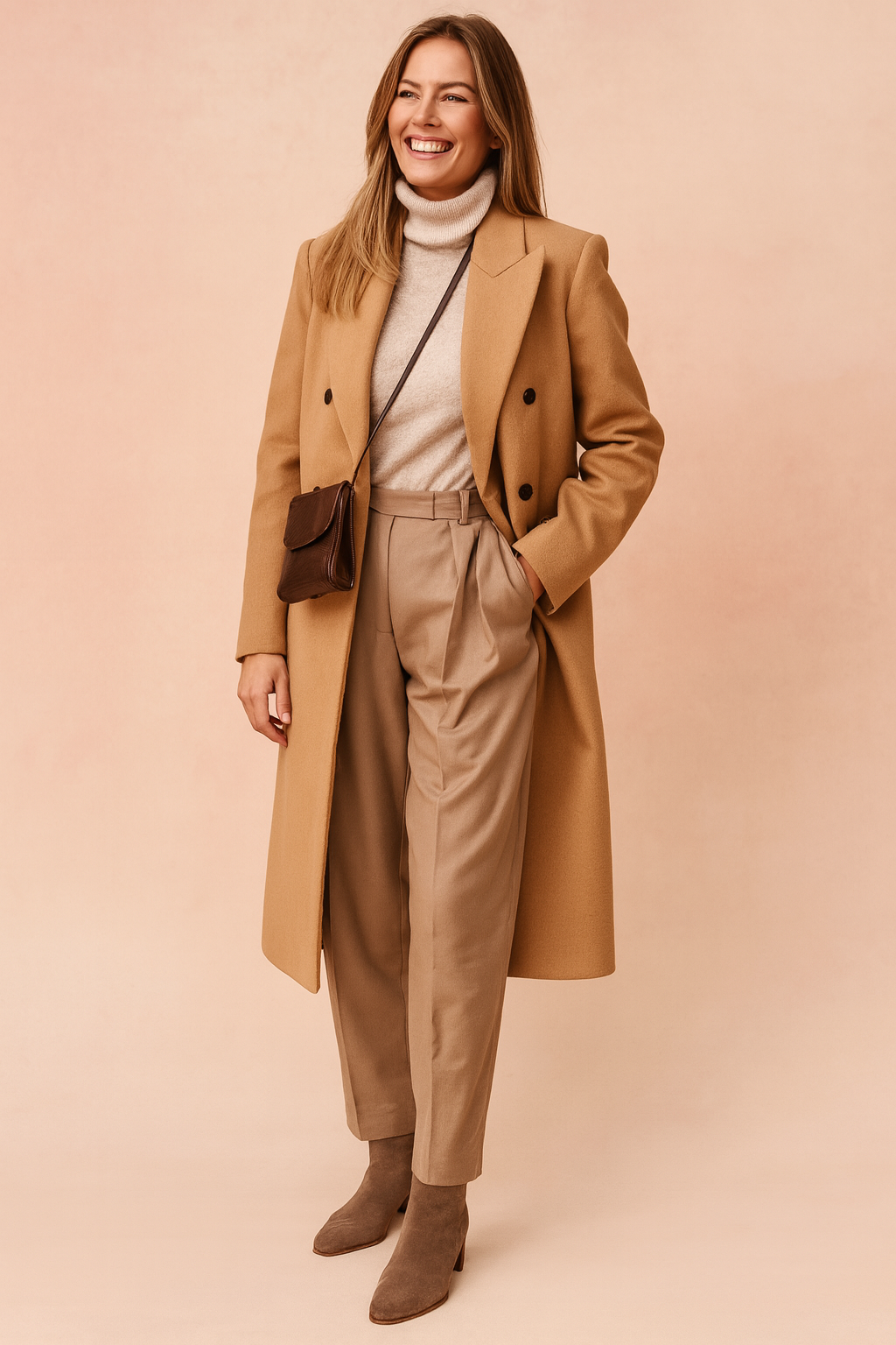 Elegant women's double-breasted trench coat in classic khaki, perfect for chic winter style & versatile outerwear.