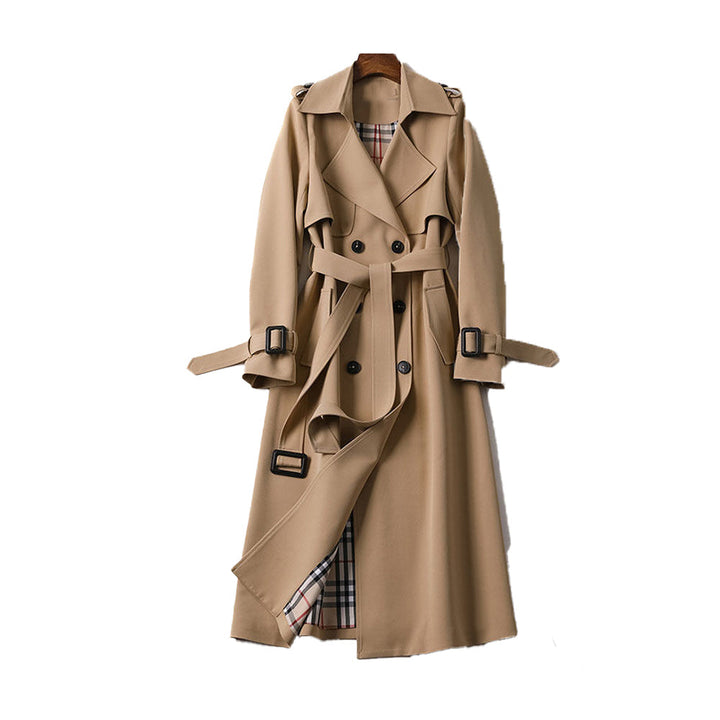 Elegant women's double-breasted trench coat with belt, perfect for fall fashion and spring jacket