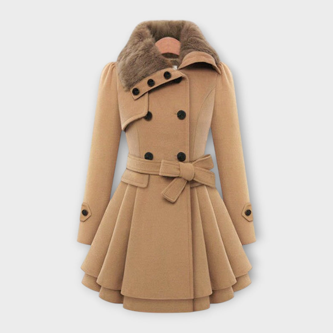 Elegant women's double-breasted wool-blend flared coat with plush faux fur collar in winter fashion