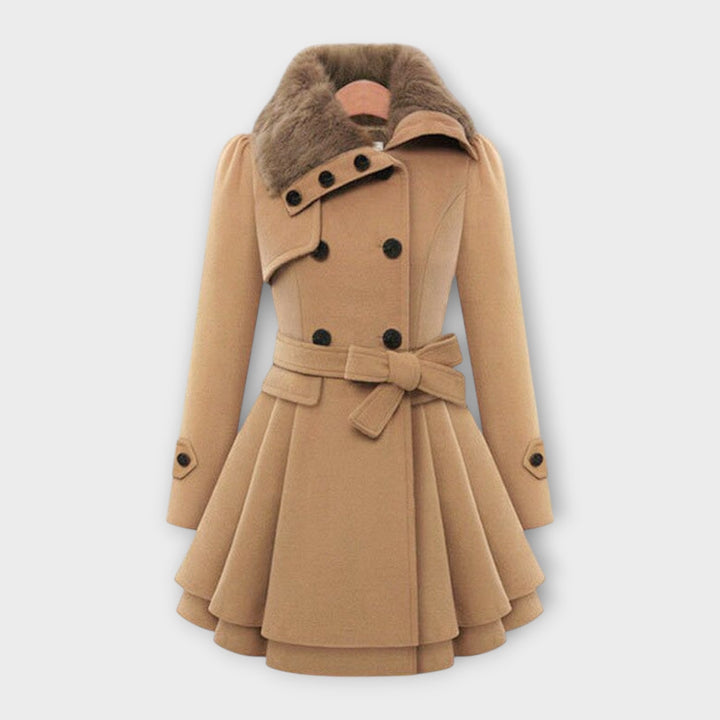 Elegant women's double-breasted wool-blend flared coat with plush faux fur collar in winter fashion