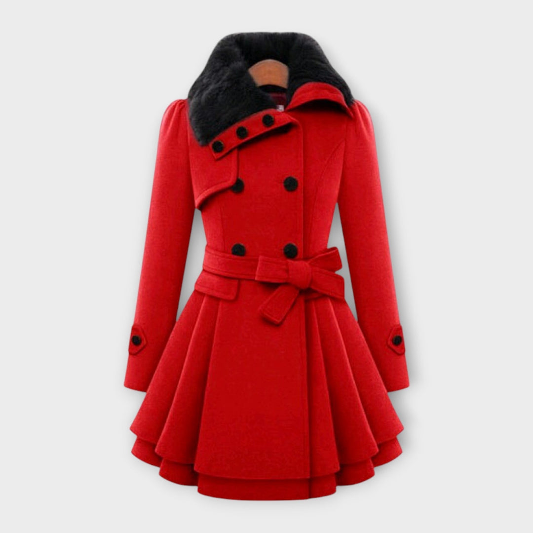 Women's elegant flared double-breasted coat with a chic faux fur collar for cold weather fashion