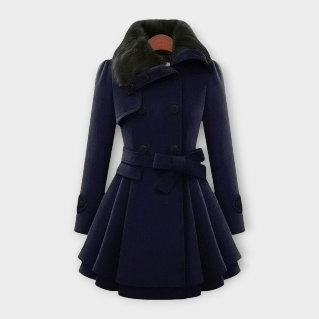 Stylish women's wool-blend winter coat with a prominent faux fur collar and elegant flared silhouette