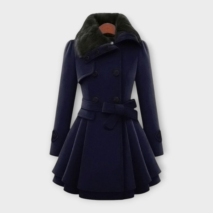 Stylish women's wool-blend winter coat with a prominent faux fur collar and elegant flared silhouette