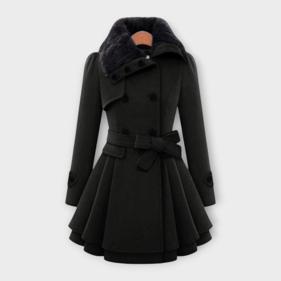 Fashionable women's outerwear, a double-breasted wool-blend coat with a luxurious faux fur collar