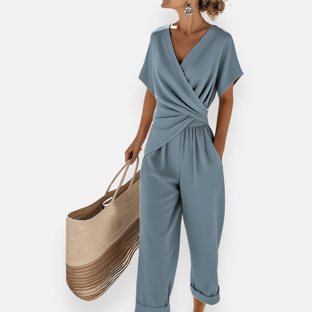 Elegant women's draped bow detail jumpsuit, white, for summer or casual chic outfits