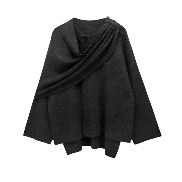 Elegant women's draped cape coat in black, perfect for stylish winter fashion & warm outerwear.