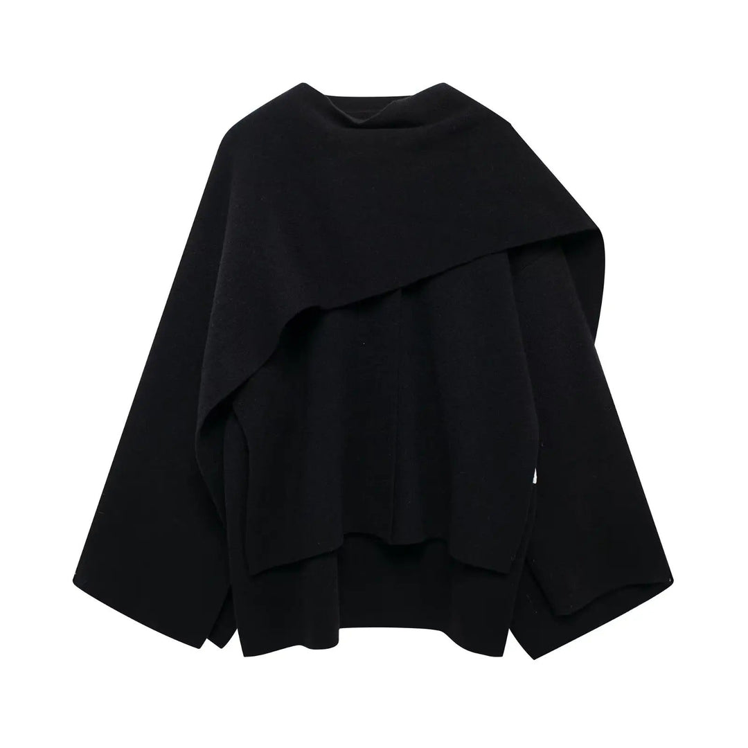 Women's elegant draped cape coat shown with a matching belt, an essential piece of warm winter outerwear.