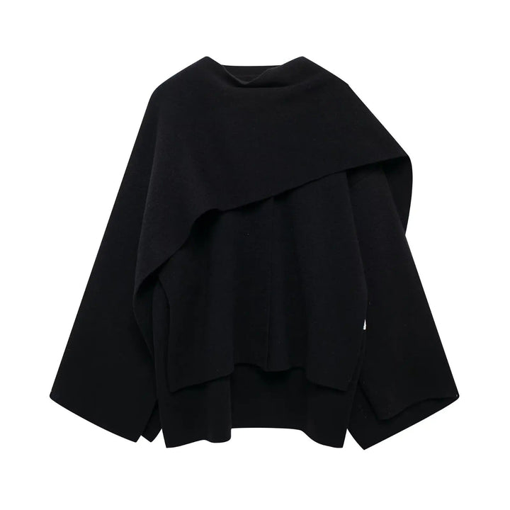 Women's elegant draped cape coat shown with a matching belt, an essential piece of warm winter outerwear.