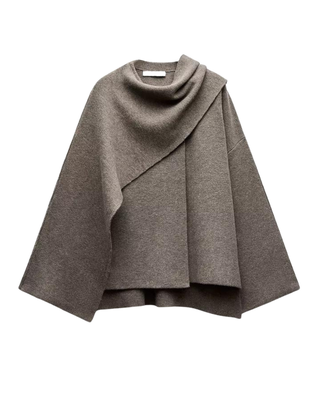 Stylish women's draped cape coat, modeled in a street style setting, perfect for elegant winter fashion.