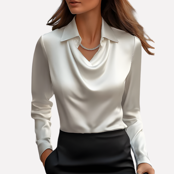 Elegant women's draped collar satin blouse in a solid color, perfect for formal or casual chic outfits.