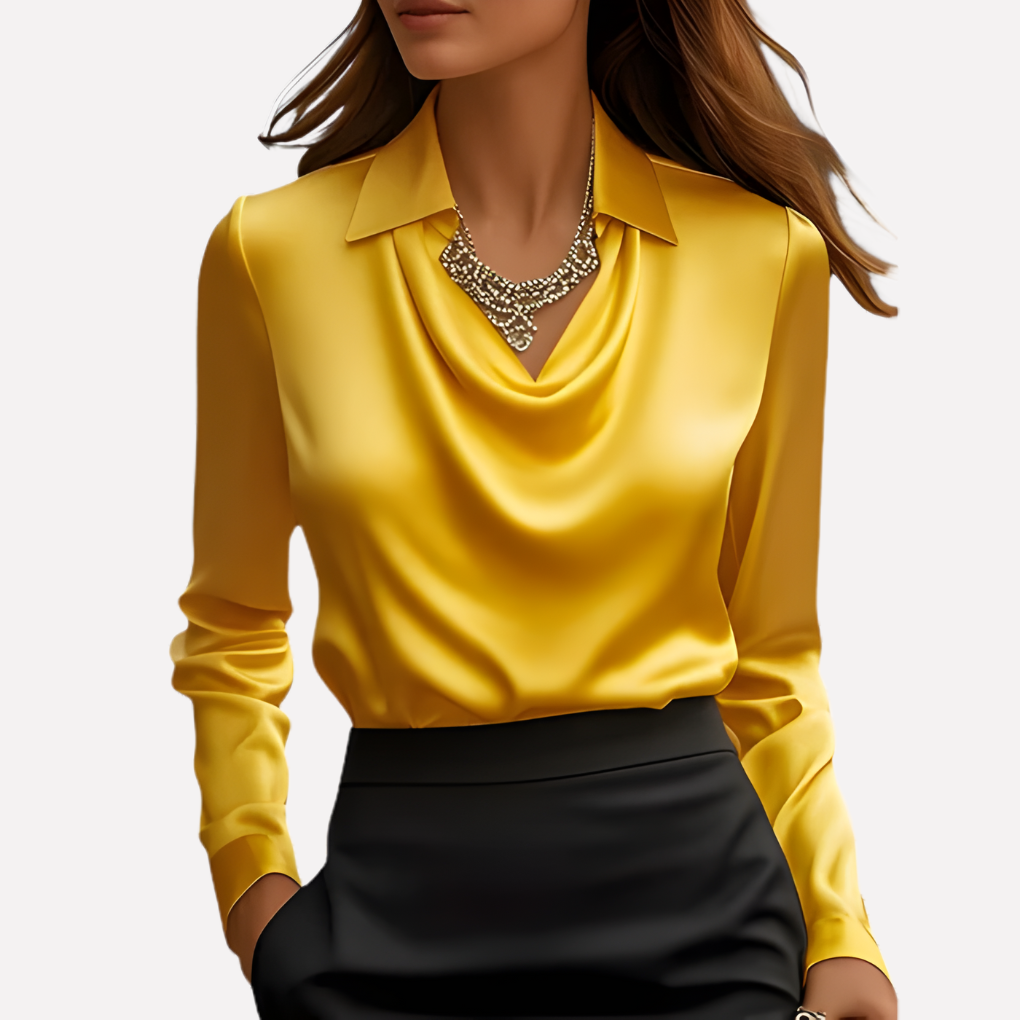 Premium women's formal blouse: draped collar, satin material, and long sleeves for a polished look.