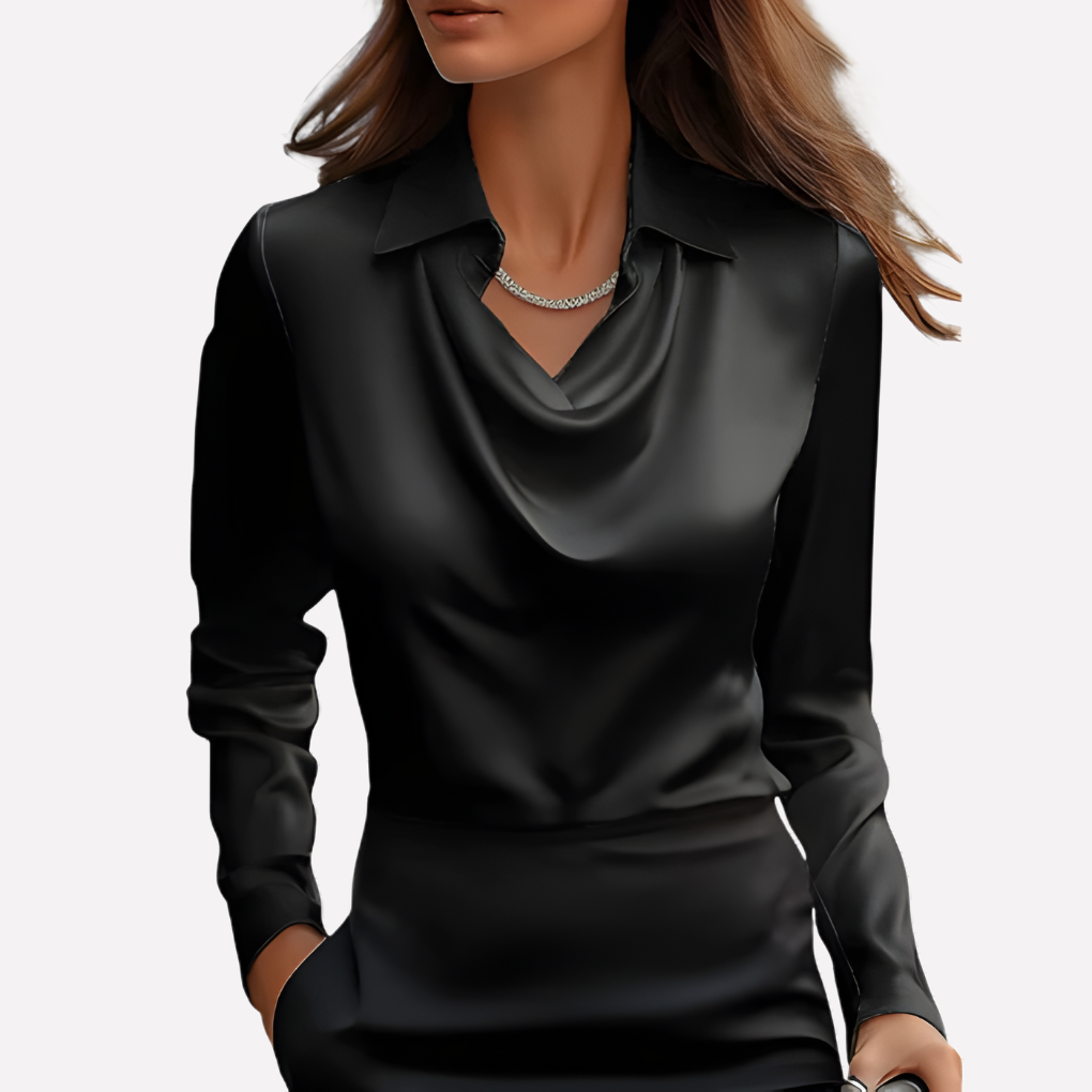 Luxurious long sleeve satin top for women featuring a stylish draped collar and relaxed fit.