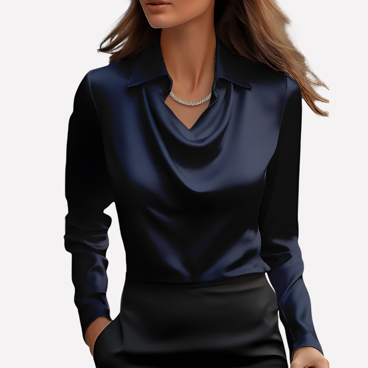 Women's formal blouse with elegant draped collar and smooth satin fabric, ideal for office or events.