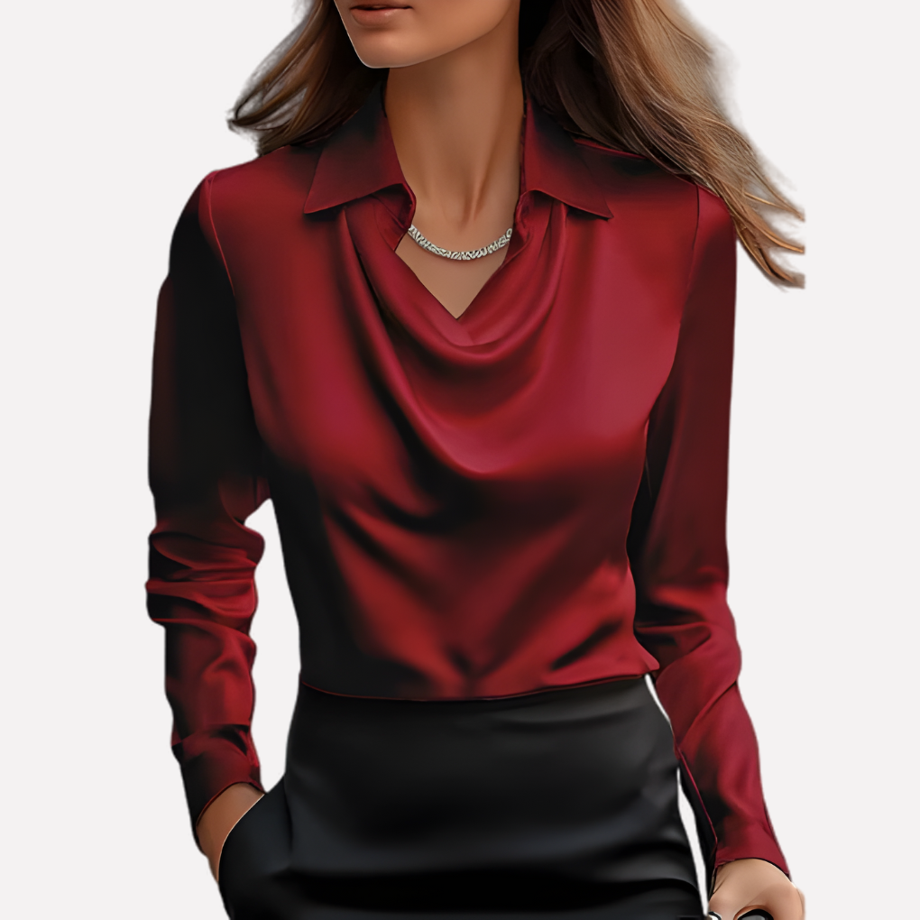 Chic satin blouse for women with a unique draped collar and long sleeves, available in various solid colors.