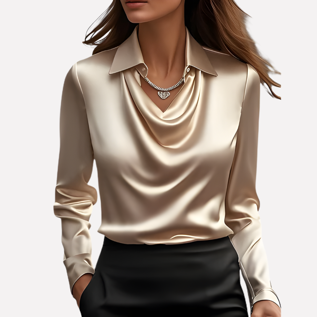 New arrival! Elegant women's satin top, draped collar, long sleeve. Perfect for an elevated casual look.