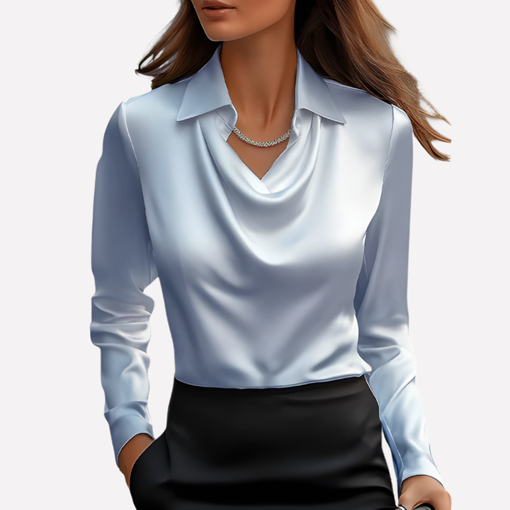 Sophisticated women's long sleeve satin blouse with a beautiful draped collar design.