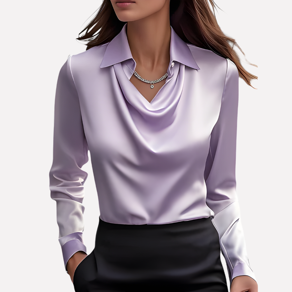 Versatile women's draped collar satin shirt, suitable for both formal occasions and relaxed chic wear.