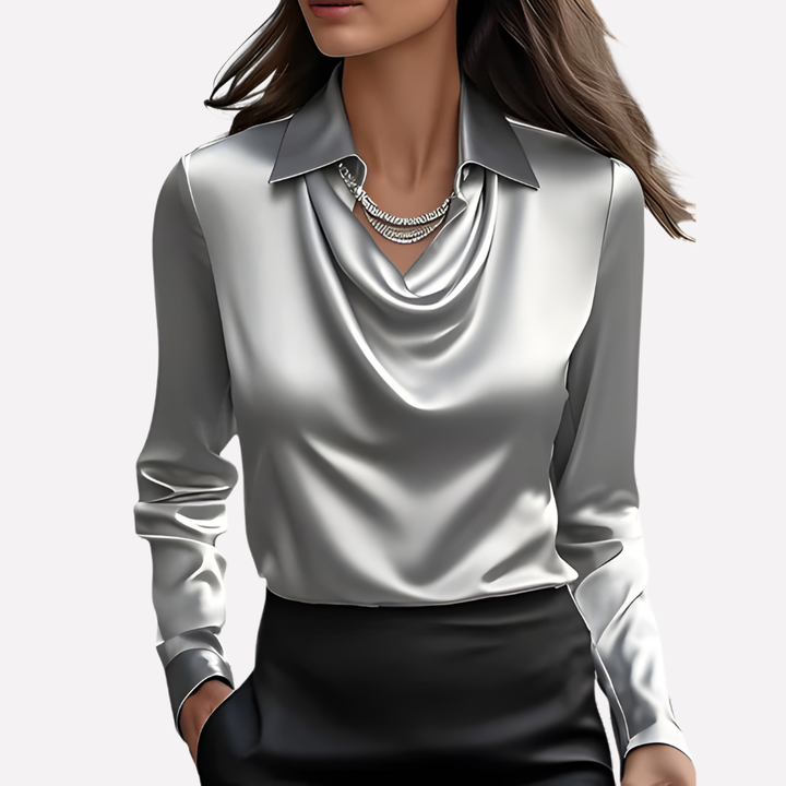 Solid color women's elegant satin blouse with a flattering draped collar neckline.