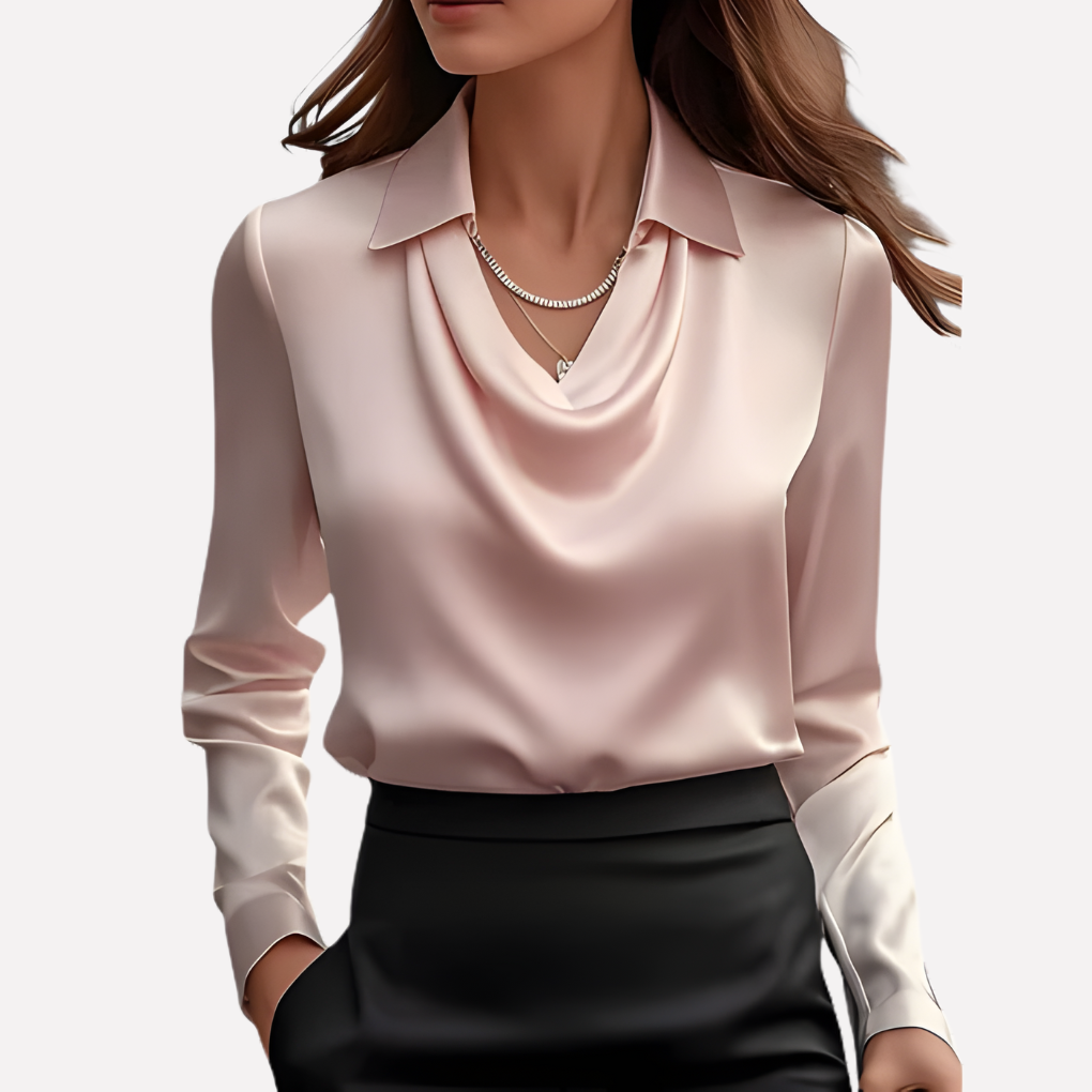 Stylish women's long sleeve satin top featuring a comfortable relaxed fit and elegant draped collar.