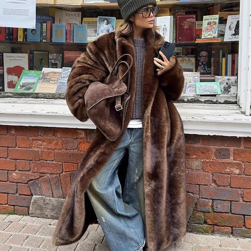 Fashionable women's faux fur winter coat. Elegant, plush, and warm outerwear for luxurious cold-weather style.