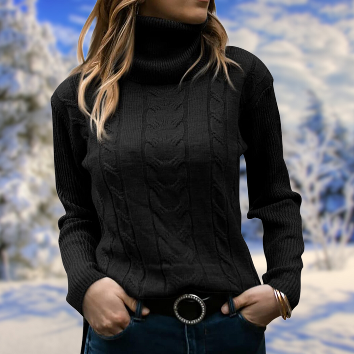 Elegant women's fitted turtleneck sweater, warm long-sleeve pullover perfect for comfortable winter fashion.