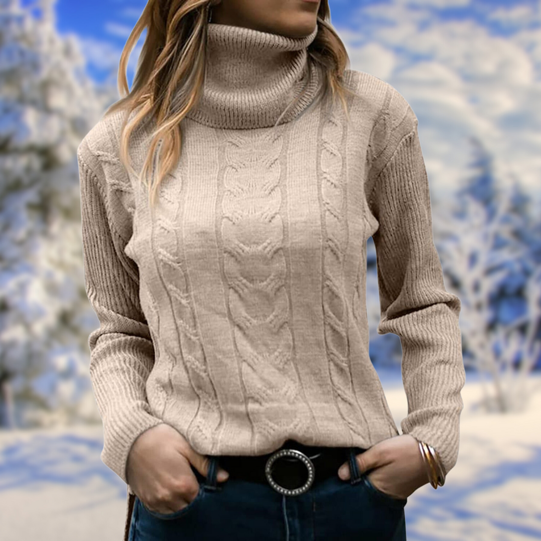 Fashionable women's elegant turtleneck sweater, a cozy fitted long-sleeve pullover for everyday winter wear.