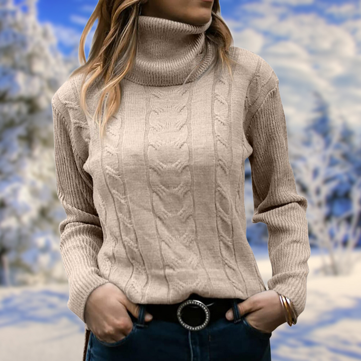 Fashionable women's elegant turtleneck sweater, a cozy fitted long-sleeve pullover for everyday winter wear.
