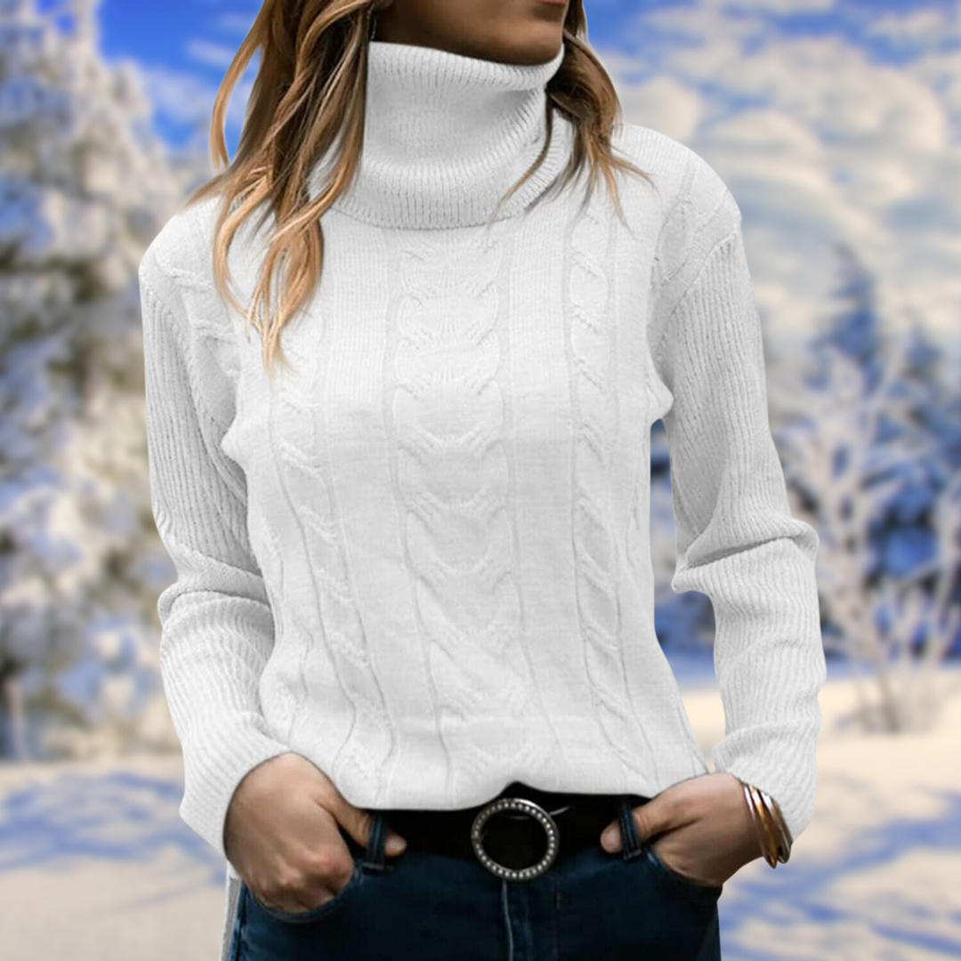 Model showcases a chic women's fitted turtleneck sweater, an elegant long-sleeve pullover for winter fashion.
